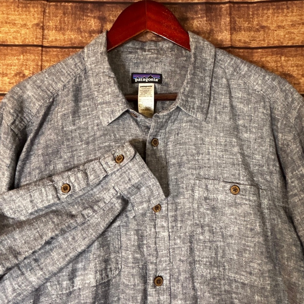 Patagonia Mens Hemp Organic Cotton Chambray Long Sleeve Button Down Shirt Blue L